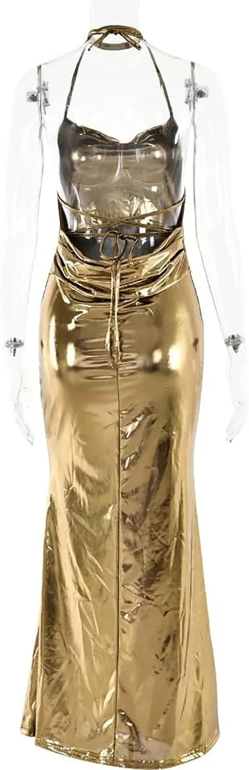 Sleeveless Backless Maxi Dress Women's Shiny Spaghetti Strap Bodycon Maxi Dresses Sexy Glitter Metallic Dress