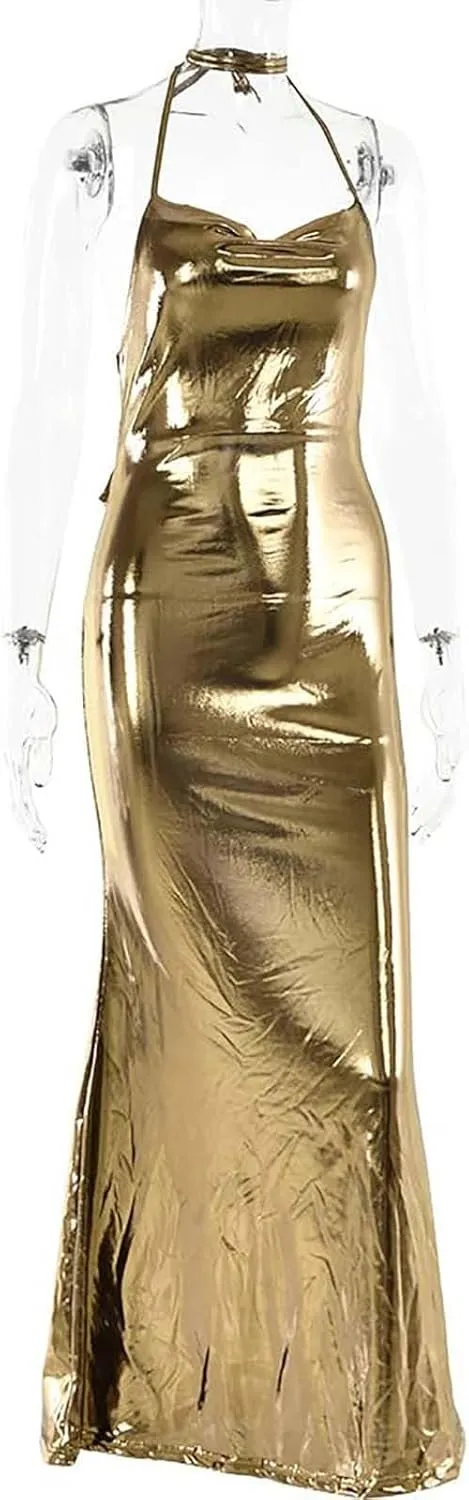 Sleeveless Backless Maxi Dress Women's Shiny Spaghetti Strap Bodycon Maxi Dresses Sexy Glitter Metallic Dress