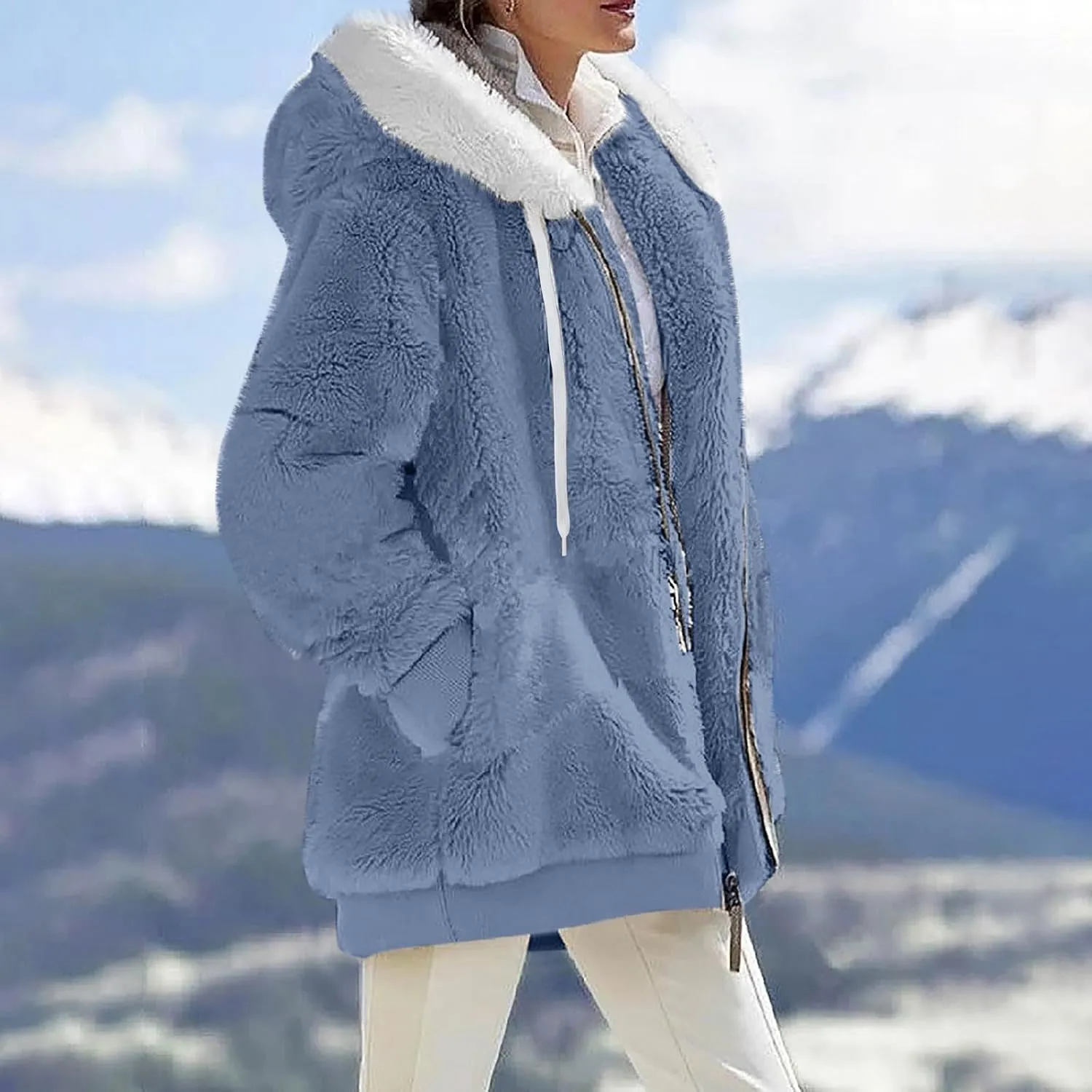 Winter Jackets for Women Full Zip Up Fuzzy Fleece Jacket Hooded Color Block Patchwork Cardigan Coats with Pockets