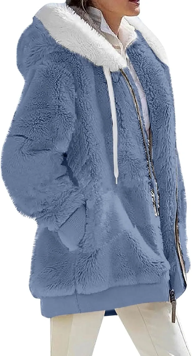 Winter Jackets for Women Full Zip Up Fuzzy Fleece Jacket Hooded Color Block Patchwork Cardigan Coats with Pockets