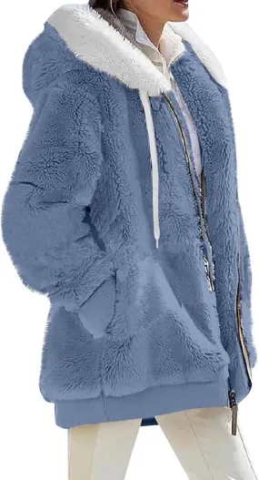 Winter Jackets for Women Full Zip Up Fuzzy Fleece Jacket Hooded Color Block Patchwork Cardigan Coats with Pockets