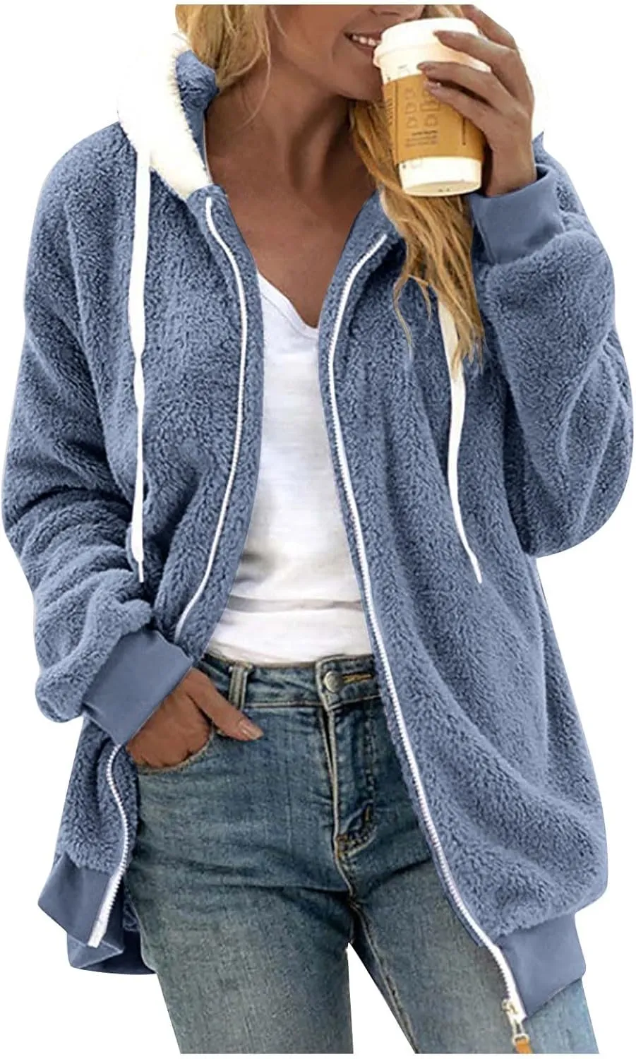 Winter Jackets for Women Full Zip Up Fuzzy Fleece Jacket Hooded Color Block Patchwork Cardigan Coats with Pockets