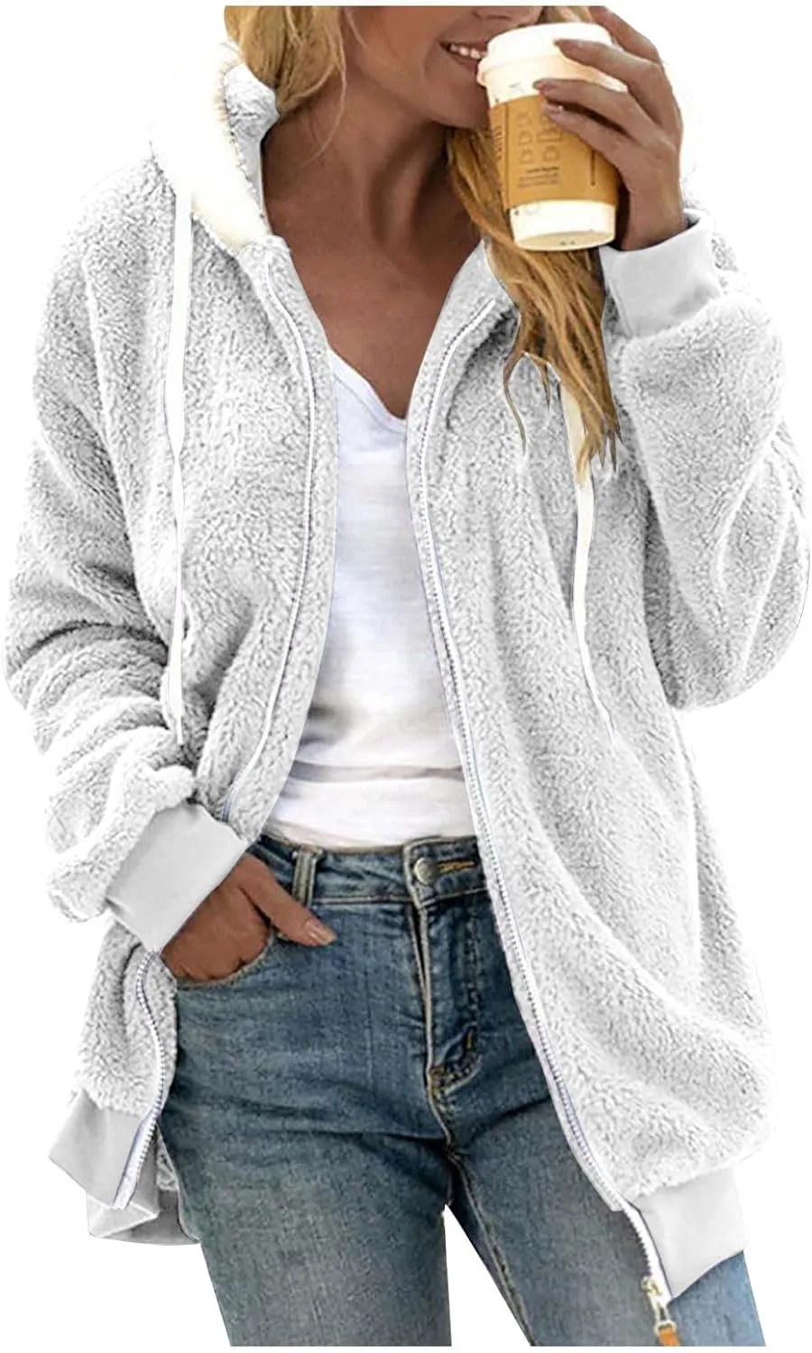 Winter Jackets for Women Fuzzy Fleece Jacket Hooded Color Block Patchwork Cardigan Coats Soft Shaggy Warm Outerwear
