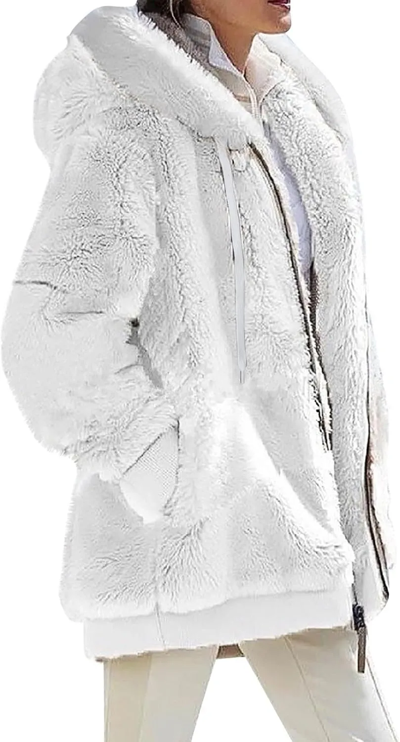 Winter Jackets for Women Fuzzy Fleece Jacket Hooded Color Block Patchwork Cardigan Coats Soft Shaggy Warm Outerwear