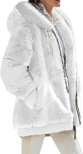 Winter Jackets for Women Fuzzy Fleece Jacket Hooded Color Block Patchwork Cardigan Coats Soft Shaggy Warm Outerwear
