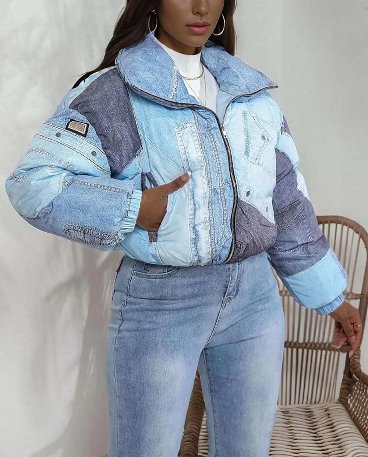 Women Puffer Quilted Jacket Cropped Zip Up Long Sleeve Buuble Jackets Warm Patchwork Coat