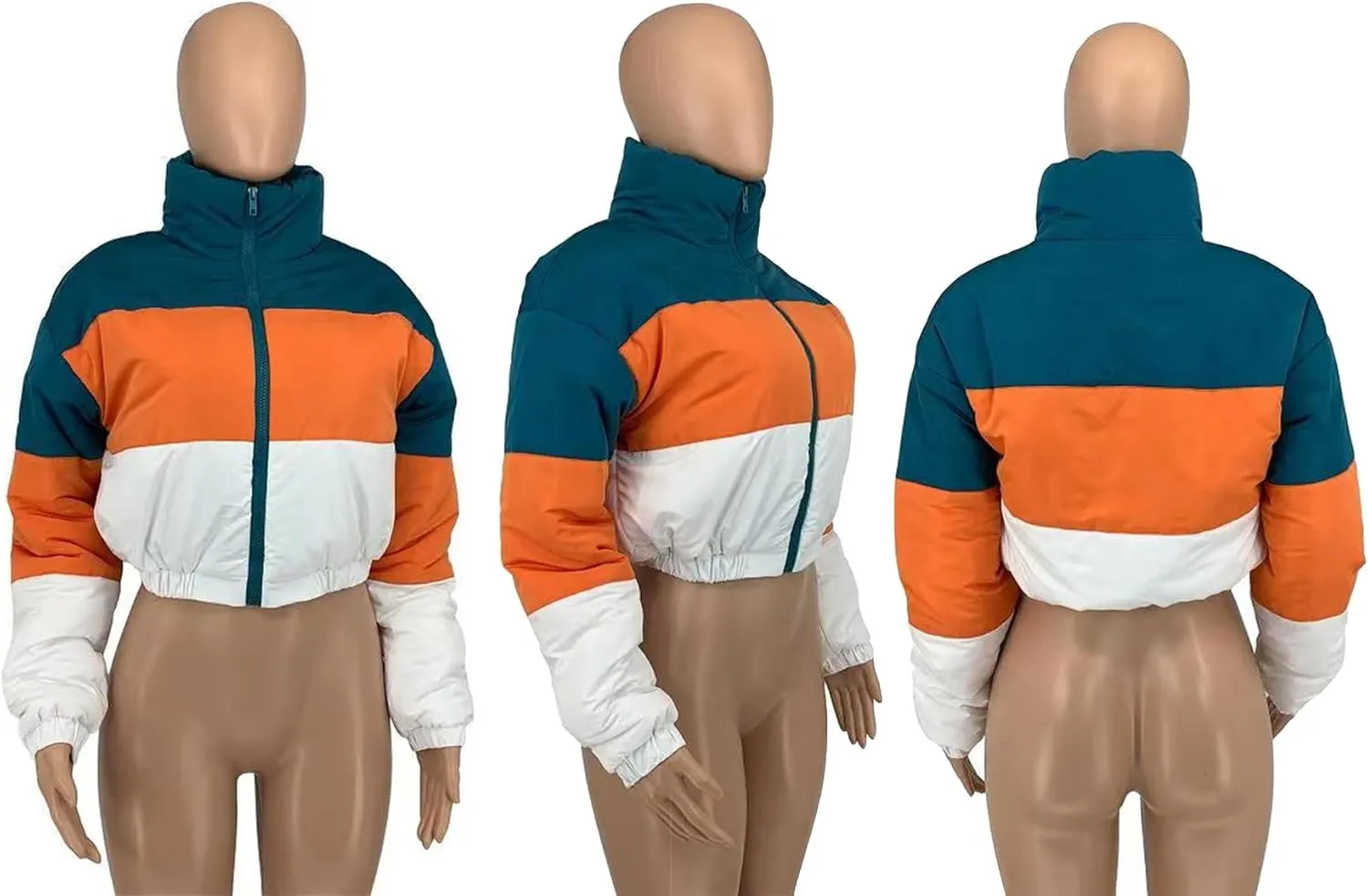 Women Puffer Quilted Jacket Cropped Zip Up Long Sleeve Buuble Jackets Warm Patchwork Coat