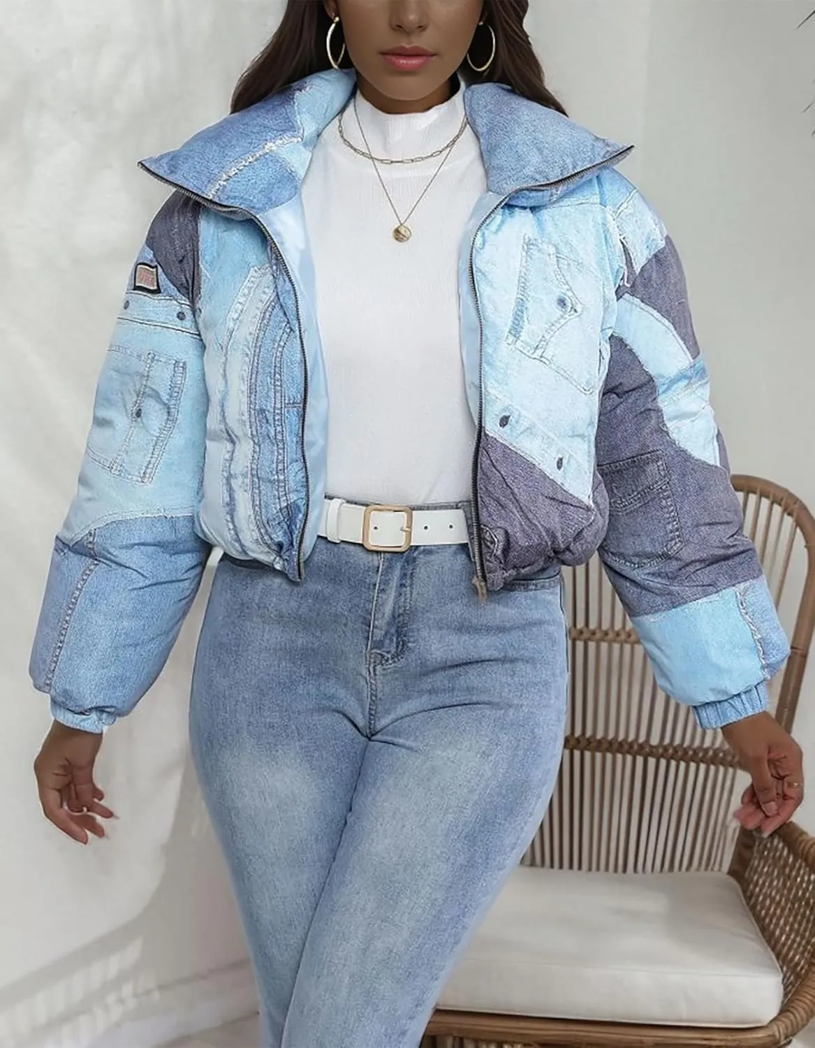 Women Puffer Quilted Jacket Cropped Zip Up Long Sleeve Buuble Jackets Warm Patchwork Coat
