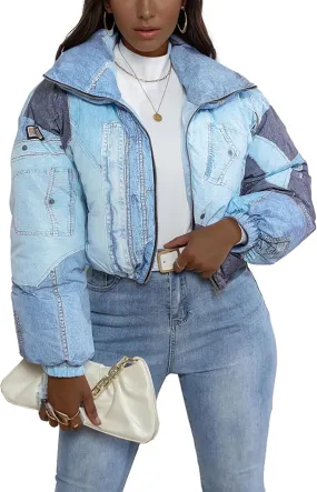 Women Puffer Quilted Jacket Cropped Zip Up Long Sleeve Buuble Jackets Warm Patchwork Coat