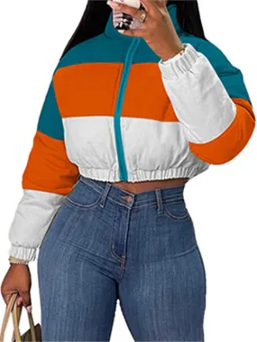Women Puffer Quilted Jacket Cropped Zip Up Long Sleeve Buuble Jackets Warm Patchwork Coat