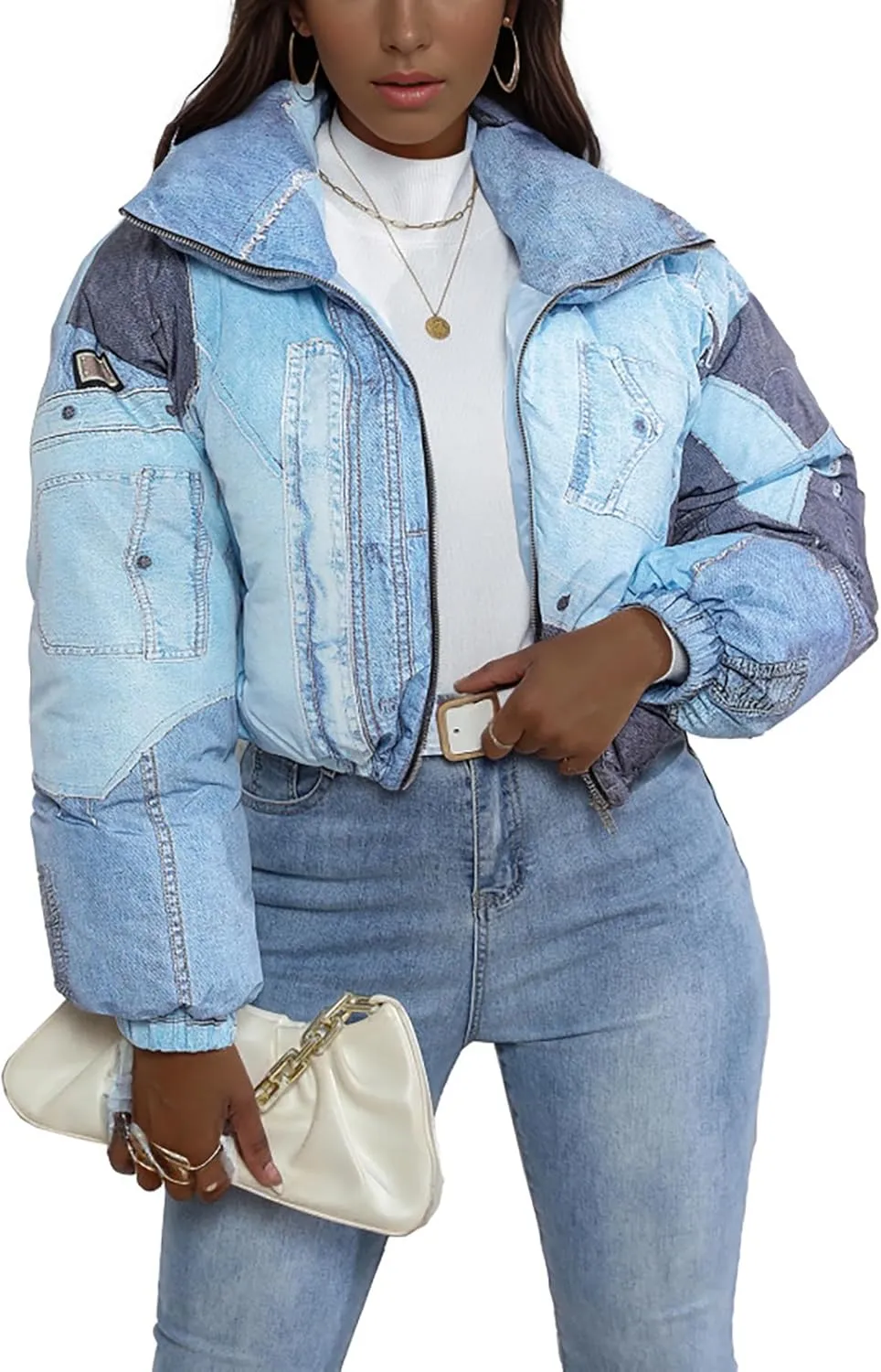 Women Puffer Quilted Jacket Cropped Zip Up Long Sleeve Buuble Jackets Warm Patchwork Coat