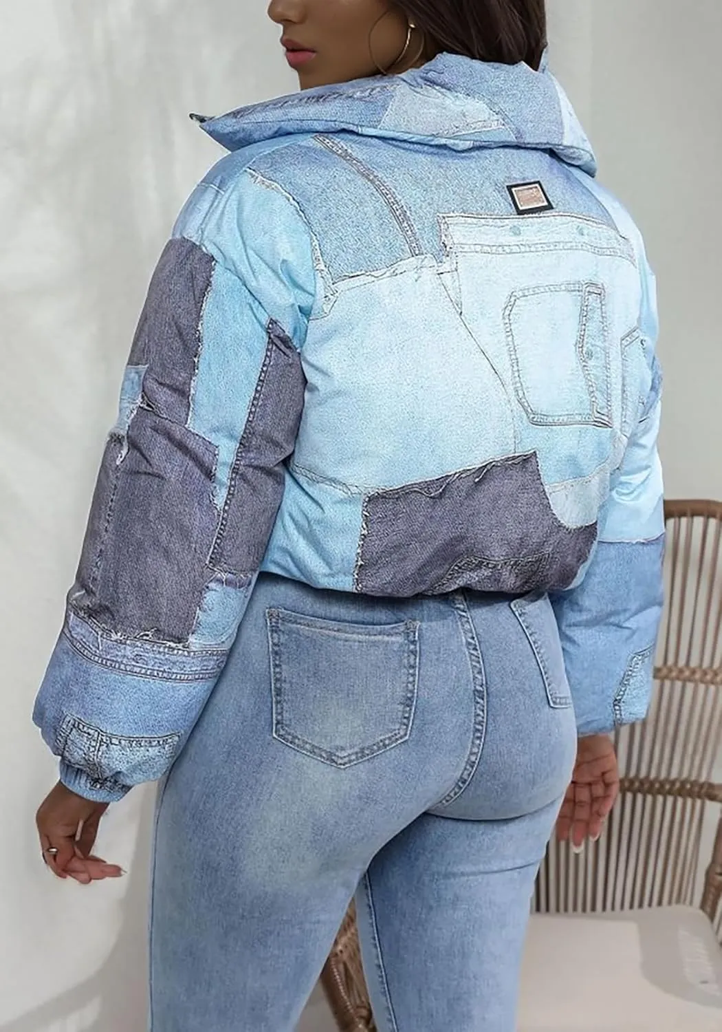 Women Puffer Quilted Jacket Cropped Zip Up Long Sleeve Buuble Jackets Warm Patchwork Coat