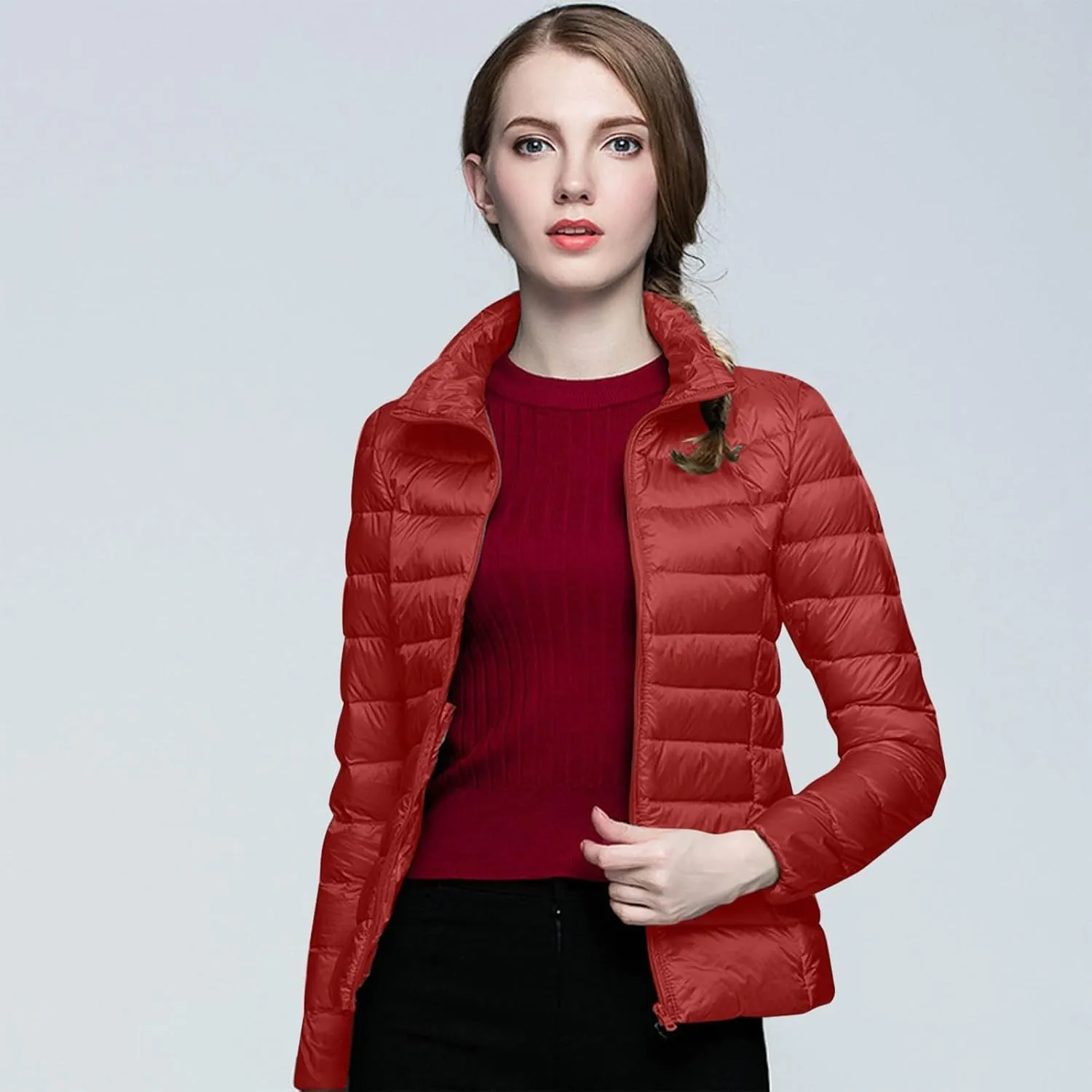 Womens 2024 Winter Down Coats Lightweight Petite Hoodless Zip Up Puffer Jackets Casual Warm Long Sleeve Sport Outwear