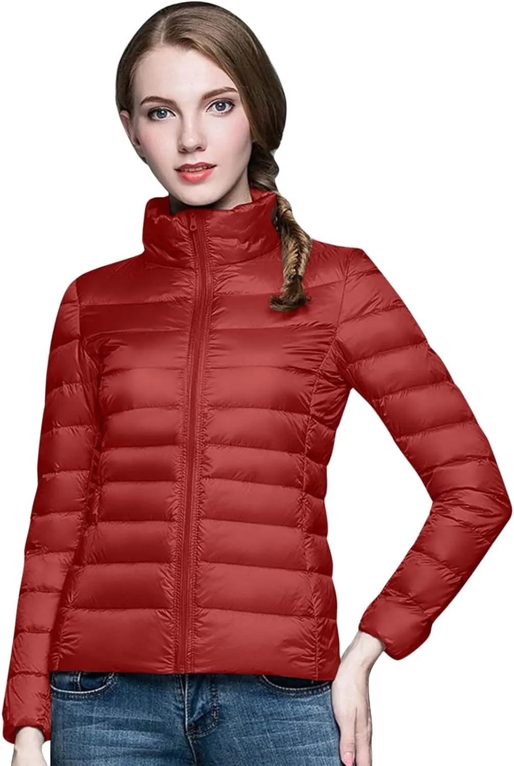 Womens 2024 Winter Down Coats Lightweight Petite Hoodless Zip Up Puffer Jackets Casual Warm Long Sleeve Sport Outwear