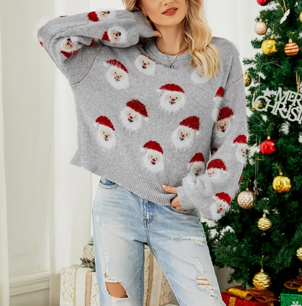 Women's Christmas Sweater Santa Claus Long Sleeve Pullover Sweatshirts 2023 Xmas Pattern Crew Neck Jacquard Knit Top