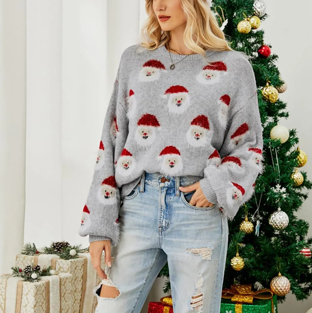 Women's Christmas Sweater Santa Claus Long Sleeve Pullover Sweatshirts 2023 Xmas Pattern Crew Neck Jacquard Knit Top