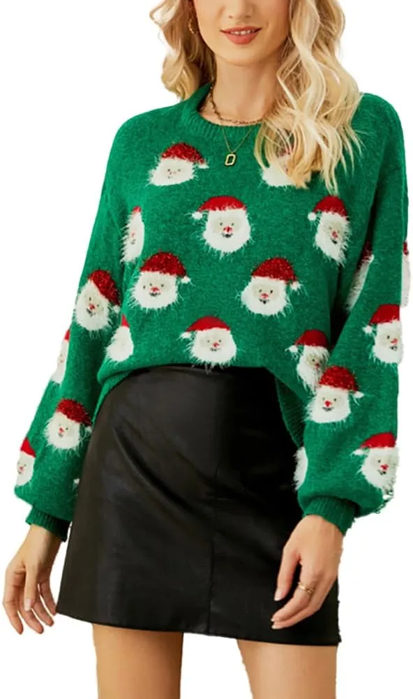 Women's Christmas Sweater Santa Claus Long Sleeve Pullover Sweatshirts 2023 Xmas Pattern Crew Neck Jacquard Knit Top