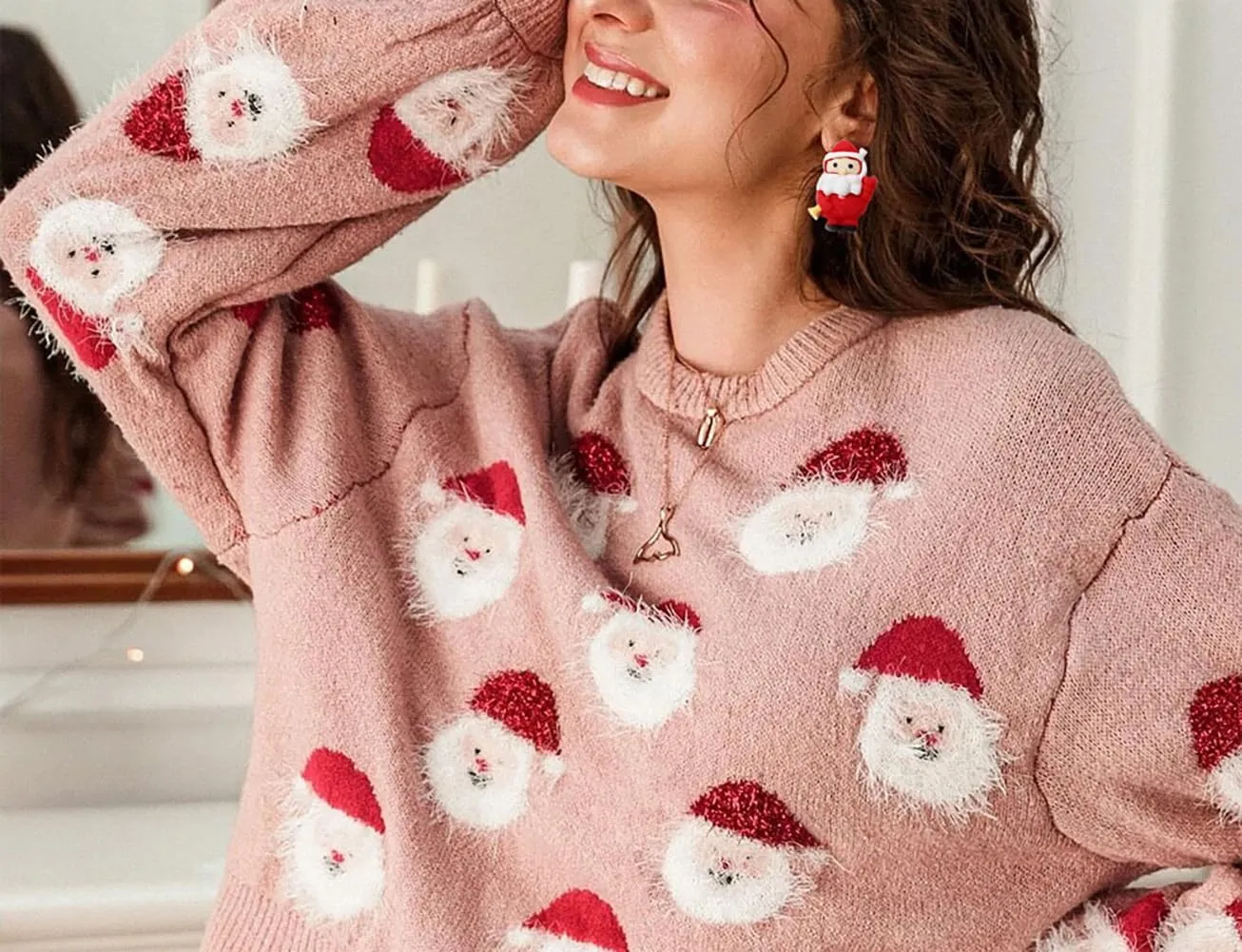 Women's Christmas Sweater Santa Claus Long Sleeve Pullover Sweatshirts 2023 Xmas Pattern Crew Neck Jacquard Knit Top