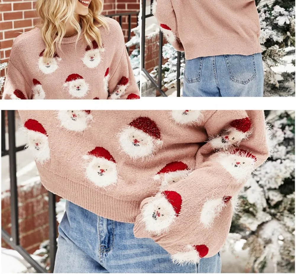 Women's Christmas Sweater Santa Claus Long Sleeve Pullover Sweatshirts 2023 Xmas Pattern Crew Neck Jacquard Knit Top