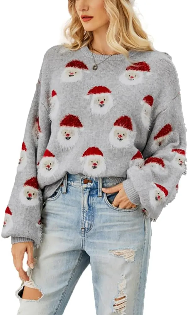 Women's Christmas Sweater Santa Claus Long Sleeve Pullover Sweatshirts 2023 Xmas Pattern Crew Neck Jacquard Knit Top