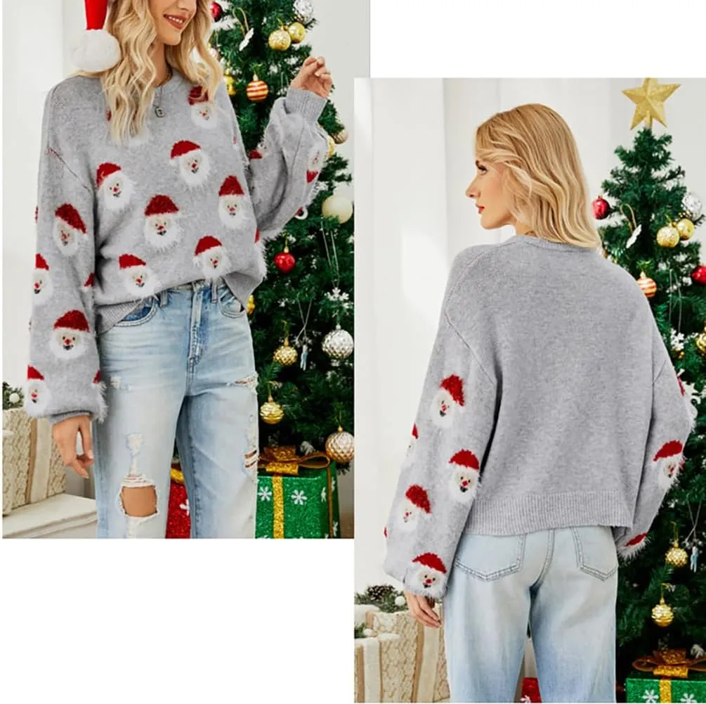 Women's Christmas Sweater Santa Claus Long Sleeve Pullover Sweatshirts 2023 Xmas Pattern Crew Neck Jacquard Knit Top