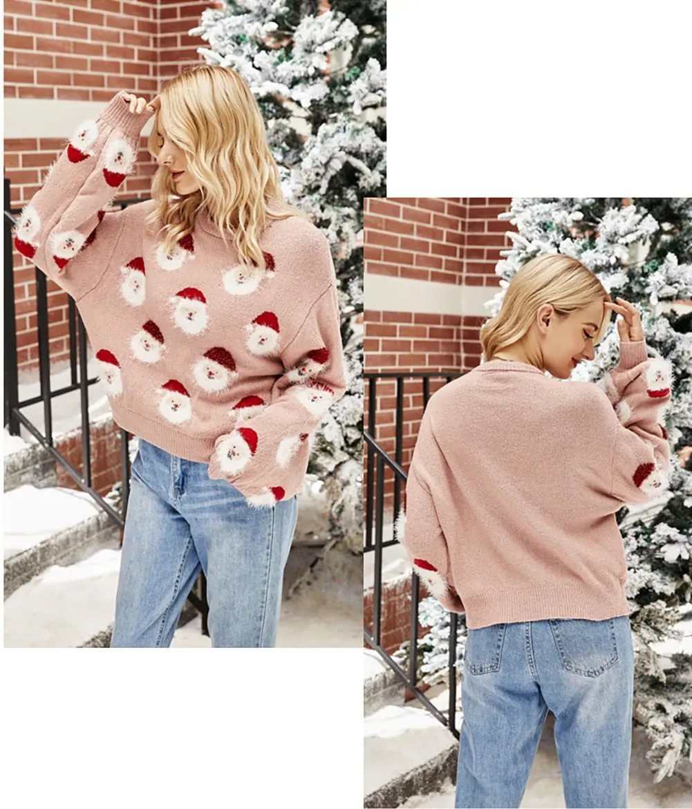 Women's Christmas Sweater Santa Claus Long Sleeve Pullover Sweatshirts 2023 Xmas Pattern Crew Neck Jacquard Knit Top