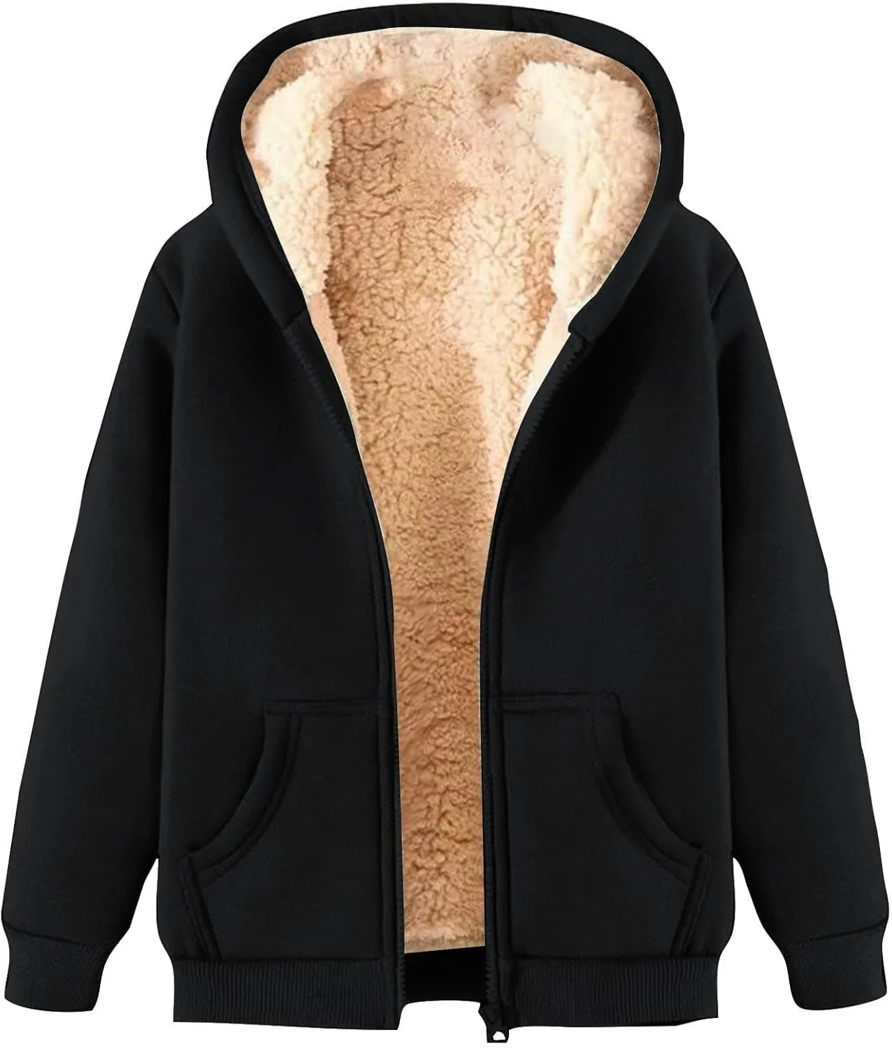 Womens Fleece Lined Jacket Oversized Full Zip Long Sleeve Hooded Outwear Casual Thicken Warm Jacket 2025 Winter Coats