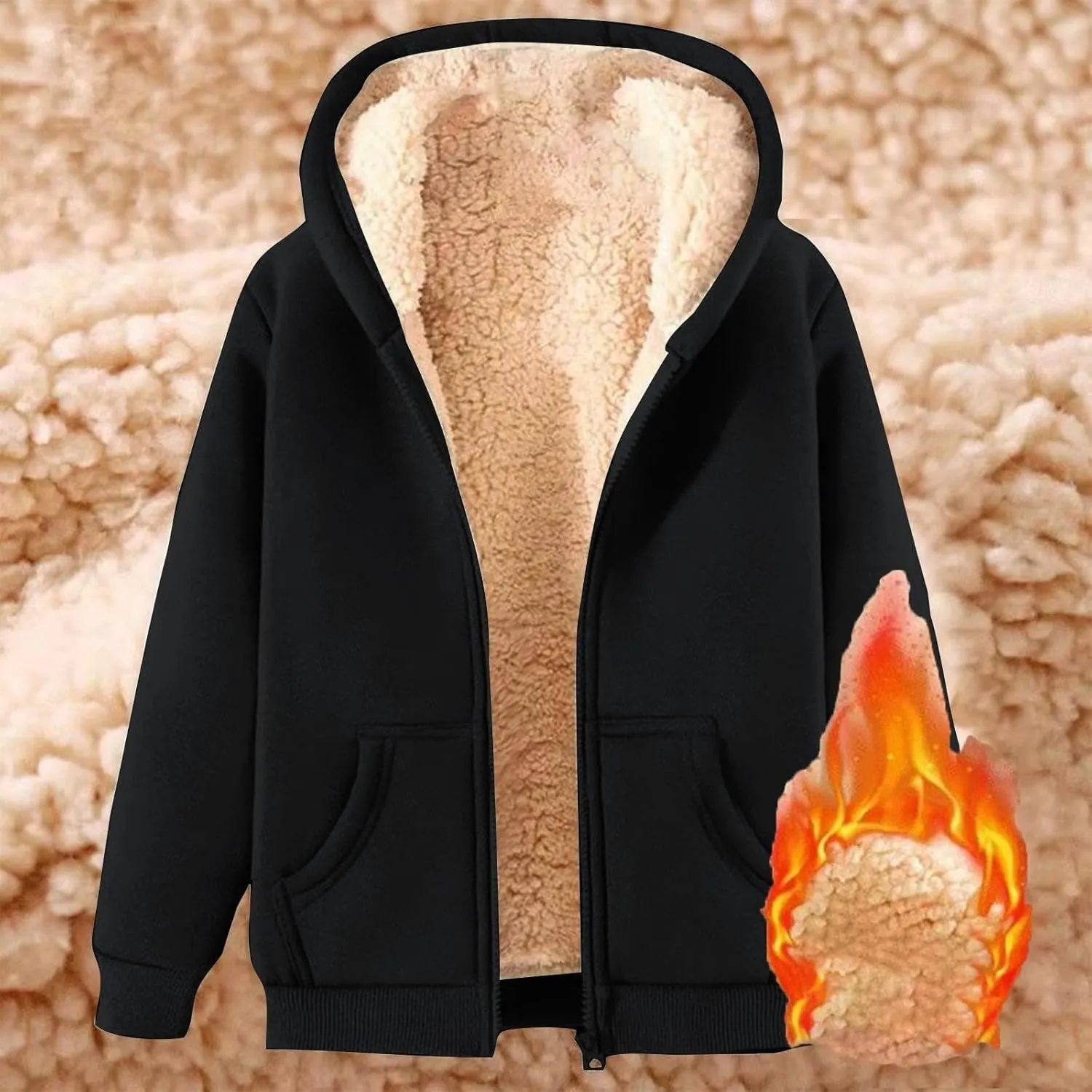 Womens Fleece Lined Jacket Oversized Full Zip Long Sleeve Hooded Outwear Casual Thicken Warm Jacket 2025 Winter Coats