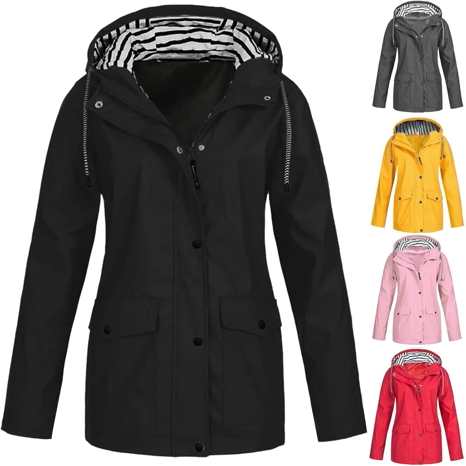 Womens Raincoat Plus Size Waterproof Hooded Trench Coats Lightweight Lined Windbreaker Outdoor Hiking Rain Jackets